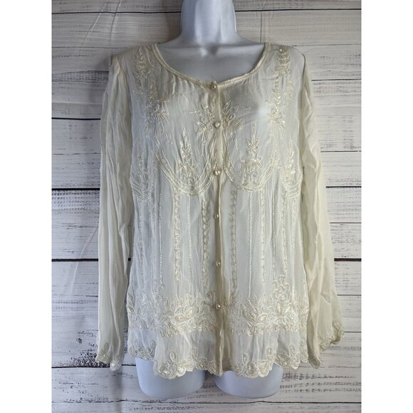 Vintage Soft Surroundings Sheer White Sequence Beaded Blouse M Whimsygoth Fairy - Picture 1 of 12